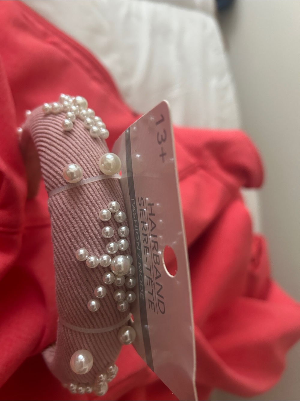 Pearl-Embellished Pink Fabric Headband (New)